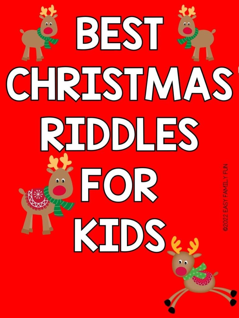 pin image: red background with 4 reindeer with white text that says "best Christmas riddles for kids"