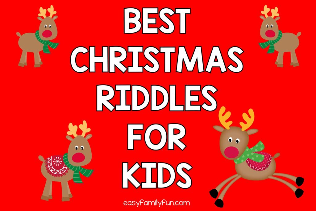 red background with 4 reindeer with white text that says "best Christmas riddles for kids"