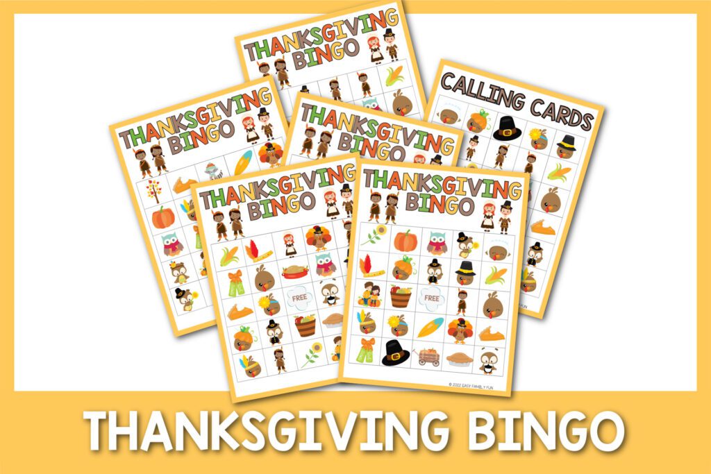 6 cards for playing Thanksgving bingo with yellow borders and small square with images like pumpkins, turkeys, piligrims and native americans. 