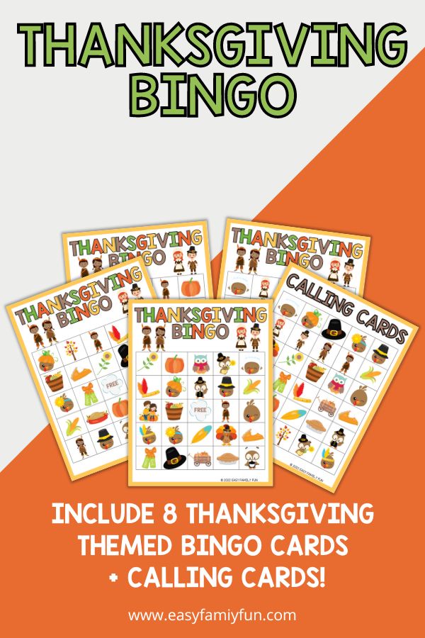 Example of the bingo cards with the text that reads, "Include 8 Thanksgiving Themed Bingo Cards + Calling Cards!" www.easyfamilyfun.com