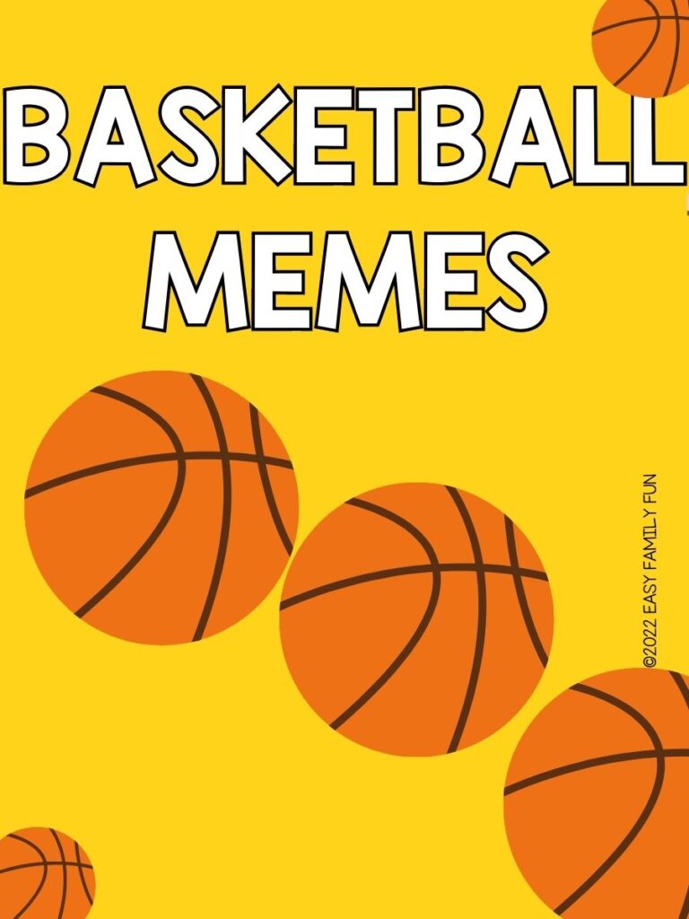 basketball memes pin image with basketballs on yellow background 