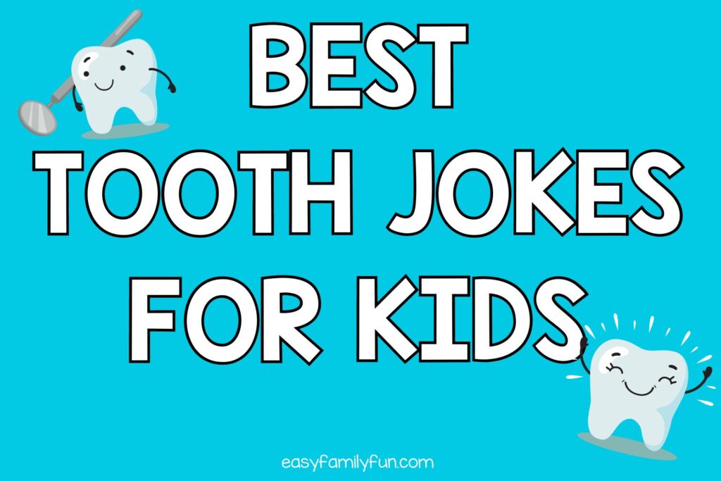 2 teeth on blue background with white text that says "best tooth jokes for kids"