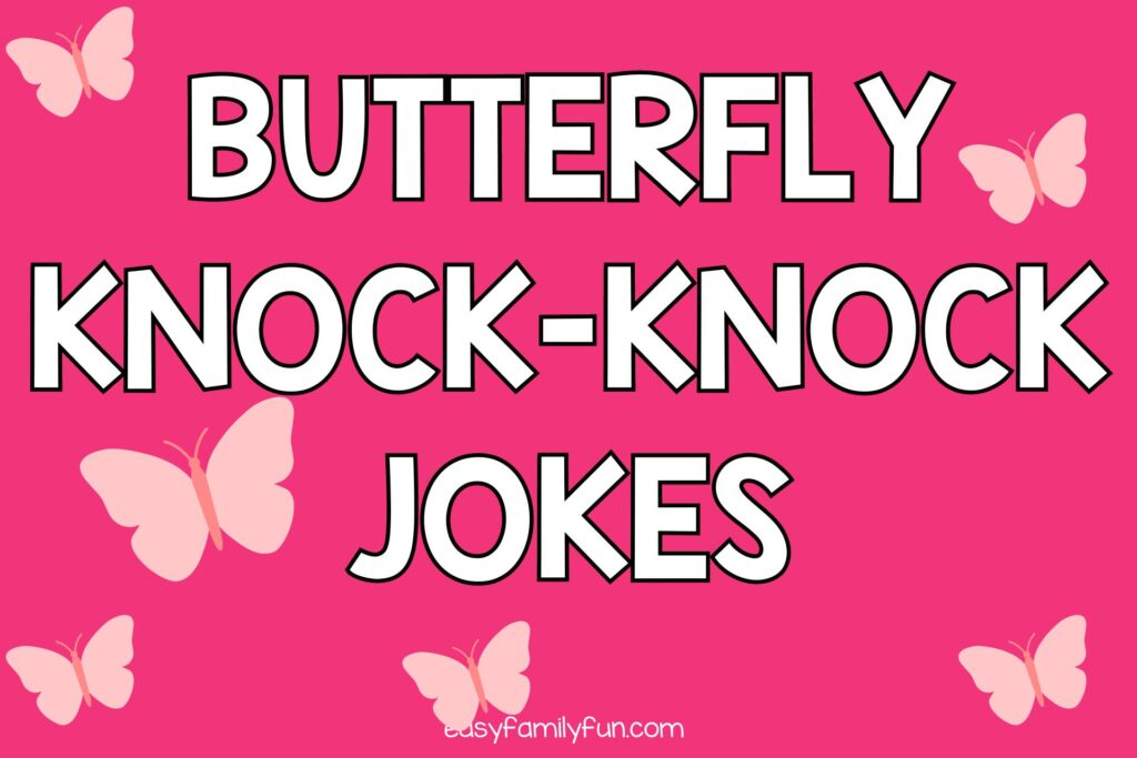 pink butterflies on pink background with white text that says "butterfly knock knock jokes"