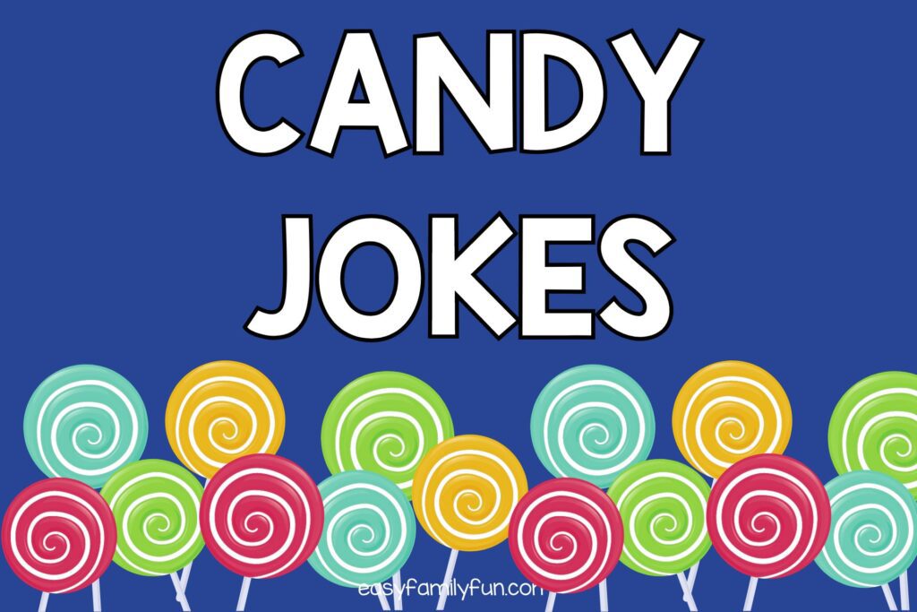 pink, blue, green, and yellow lollipops on blue background with white text that says "candy jokes"