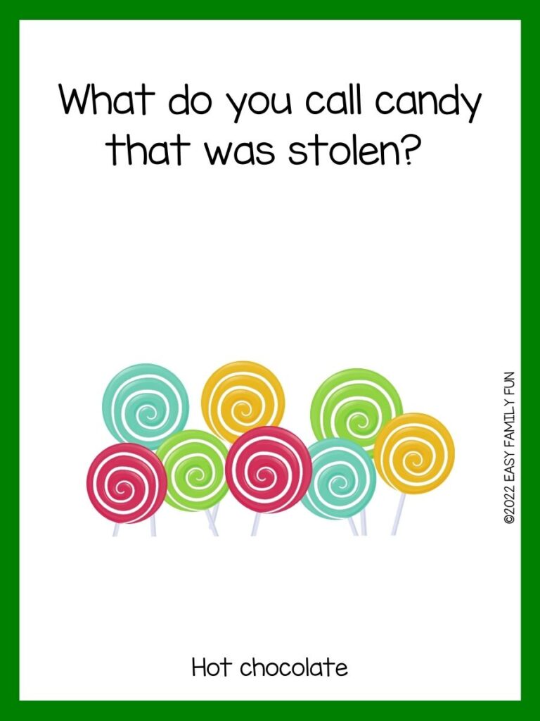 colorful lollipops with green border and candy riddle