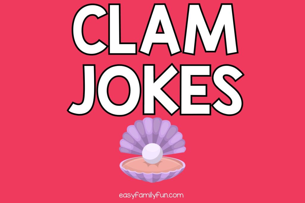 purple clam with pink background with white text that says "clam jokes"