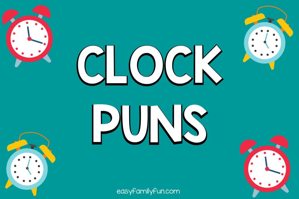 2 red clocks, 2 blue clocks with green background and white text that says "Clock puns"