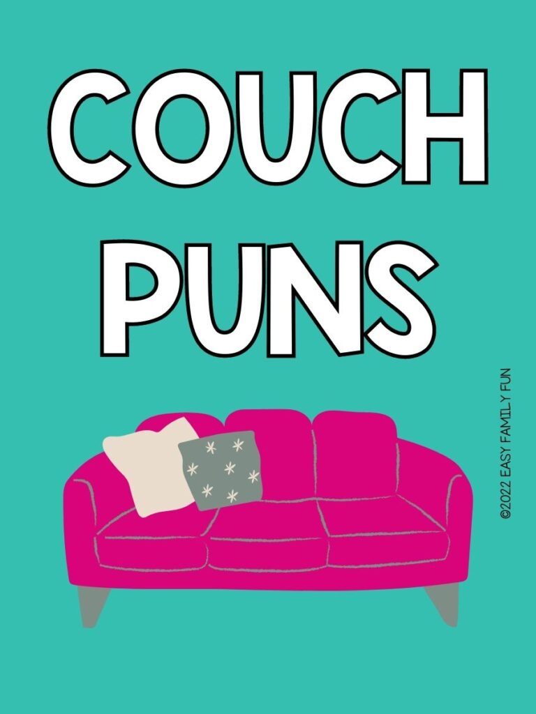 pink couch on green background with white text that says "couch puns"