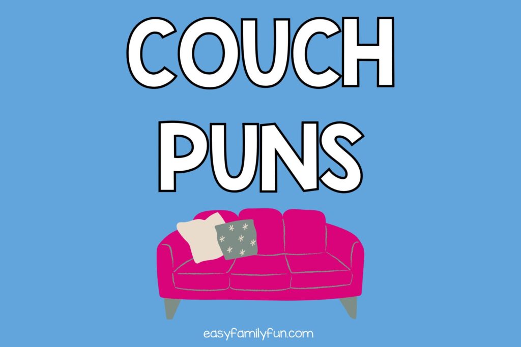 pink couch on blue background with white text that says "couch puns"