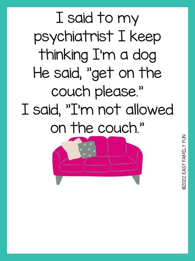 pink couch with green border with couch pun