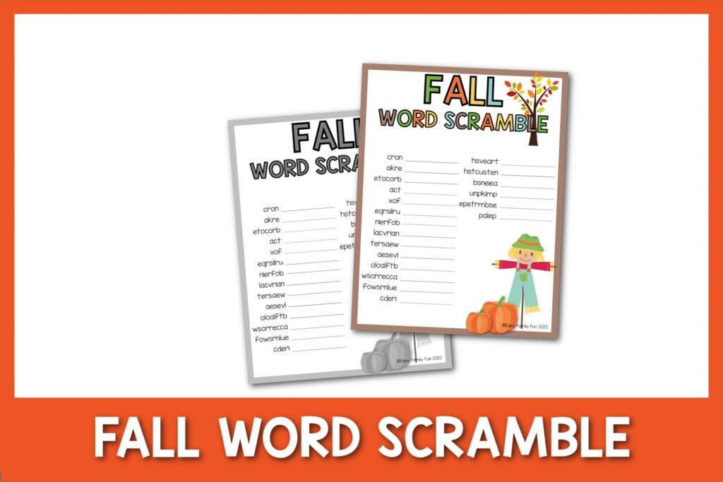 fall word scramble worksheets with orange border