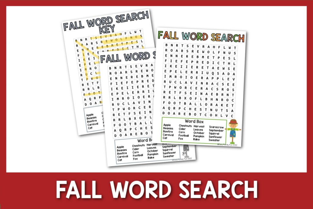 fall word search with answer key image with red border