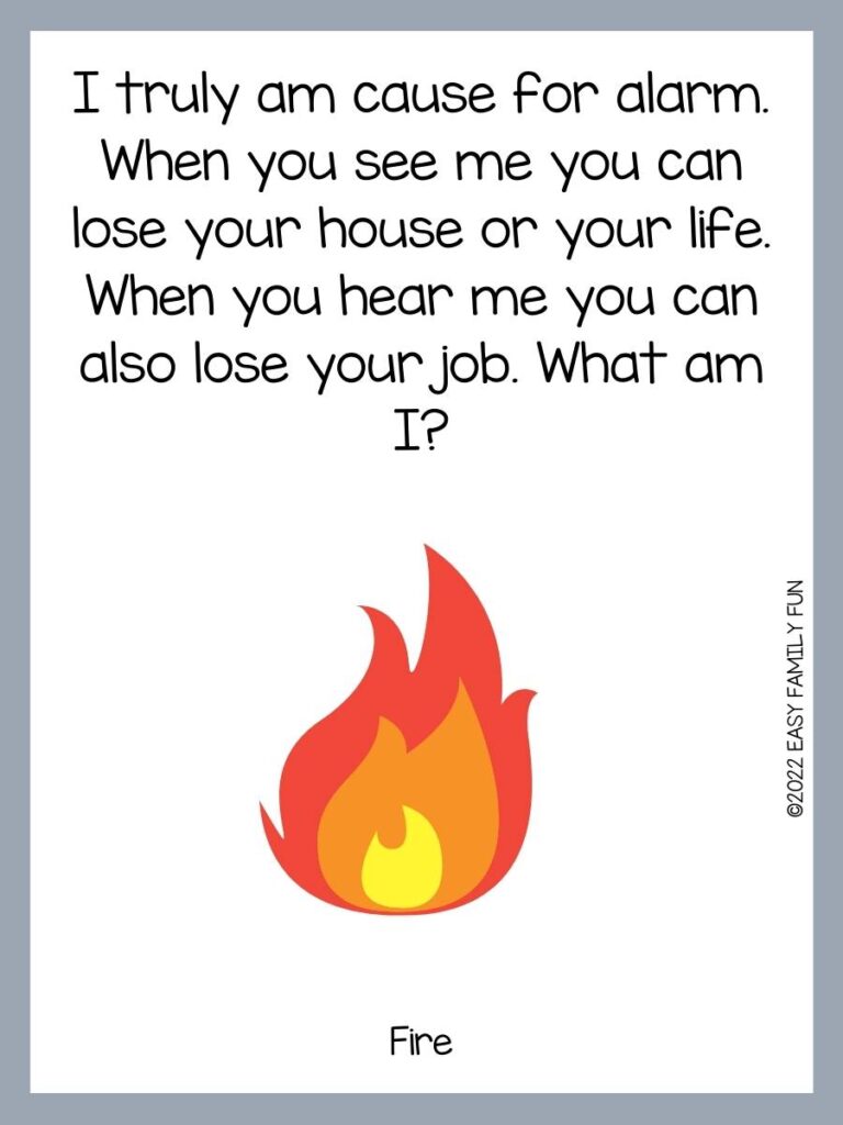 red, yellow, and orange flame with a gray border and text that has a fire riddle