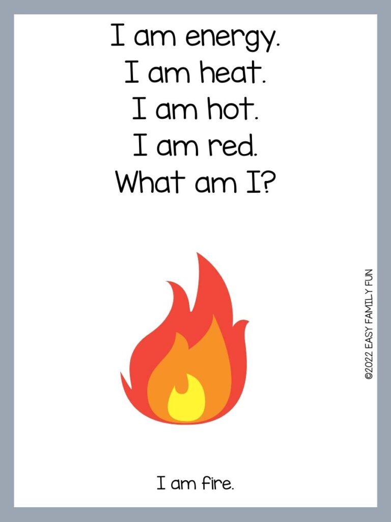 red, yellow, and orange flame with a gray border and text that has a fire riddle