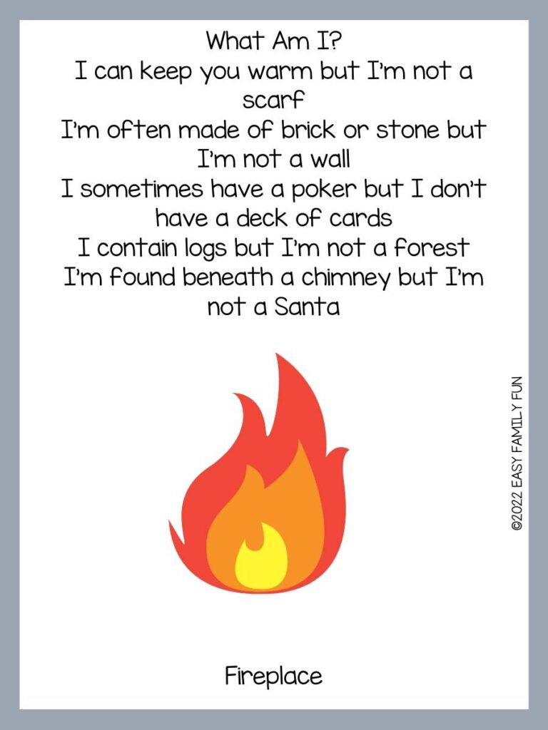 red, yellow, and orange flame with a gray border and text that has a fire riddle
