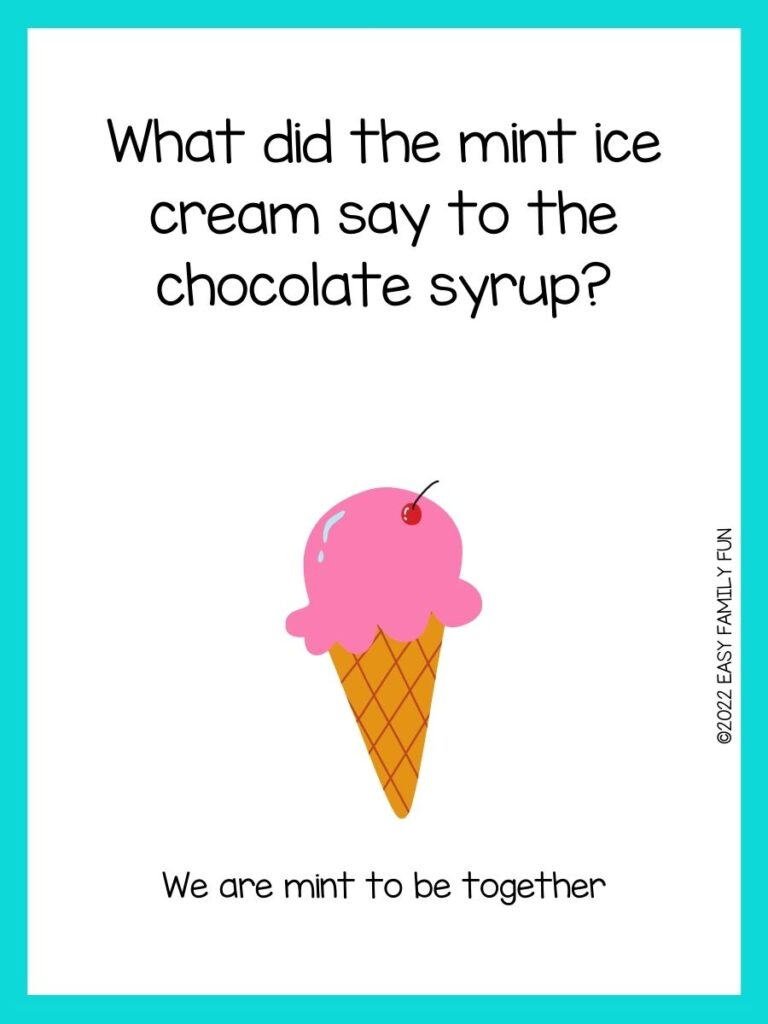 pink ice cream come with turquoise border with fun ice cream riddles for kids written 