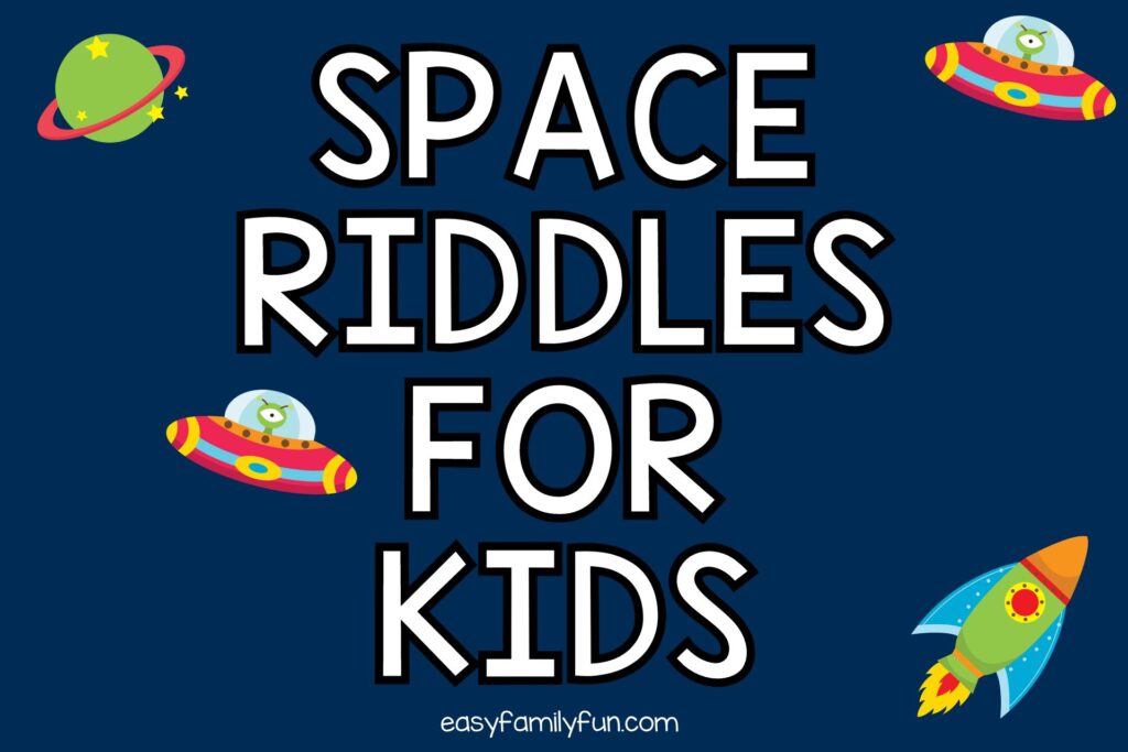 2 space ships, 1 rocket, and 1 planet with white writing that says "space riddles for kids" on blue background