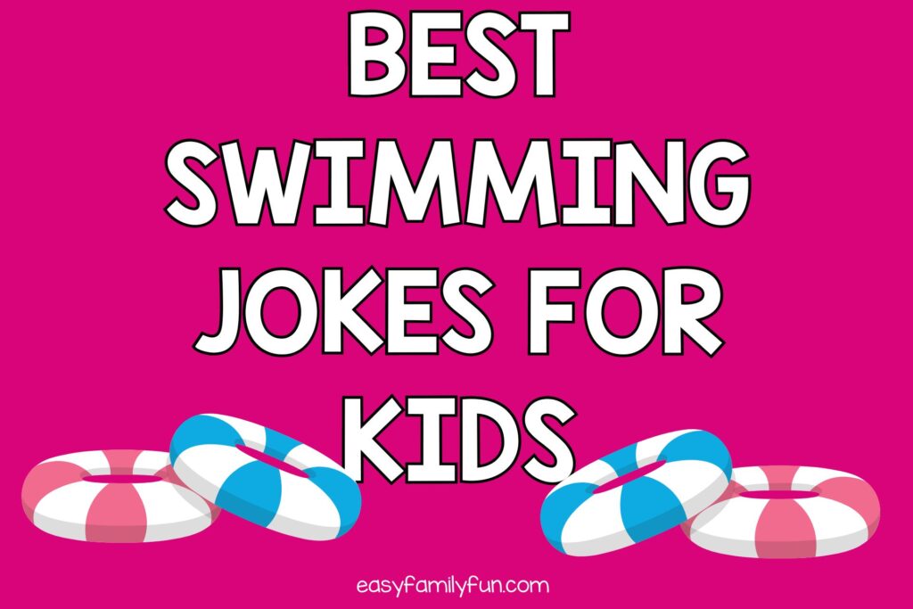 4 inner tubes on pink background with white text that says "best swimming jokes for kids"