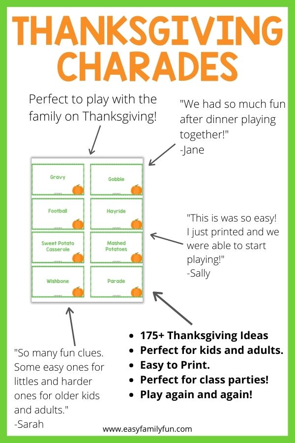 thanksgiving charades card with testimonials. 