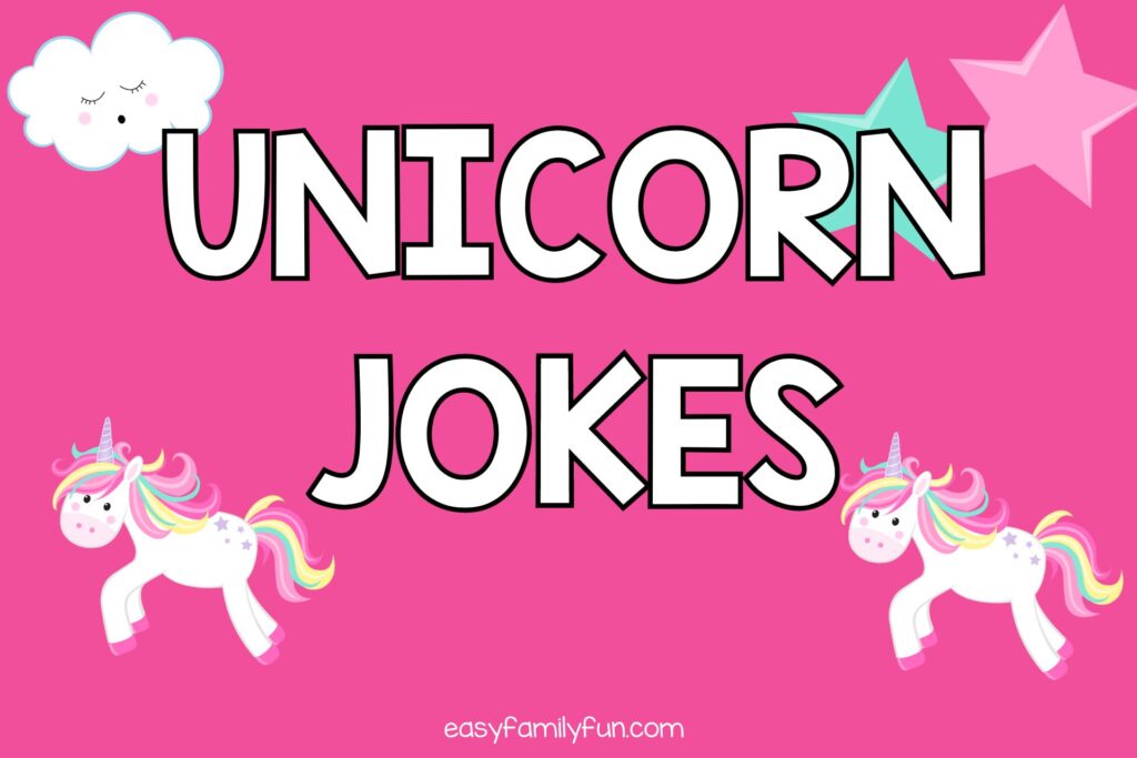 2 unicorns with pink and green stars on pink background with the text that says "unicorn jokes"