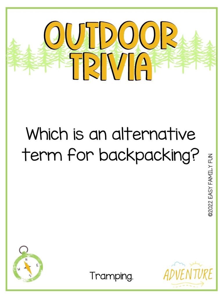 Yellow letters say Outdoor Trivia on white background with green trees. Outdoor trivia questions