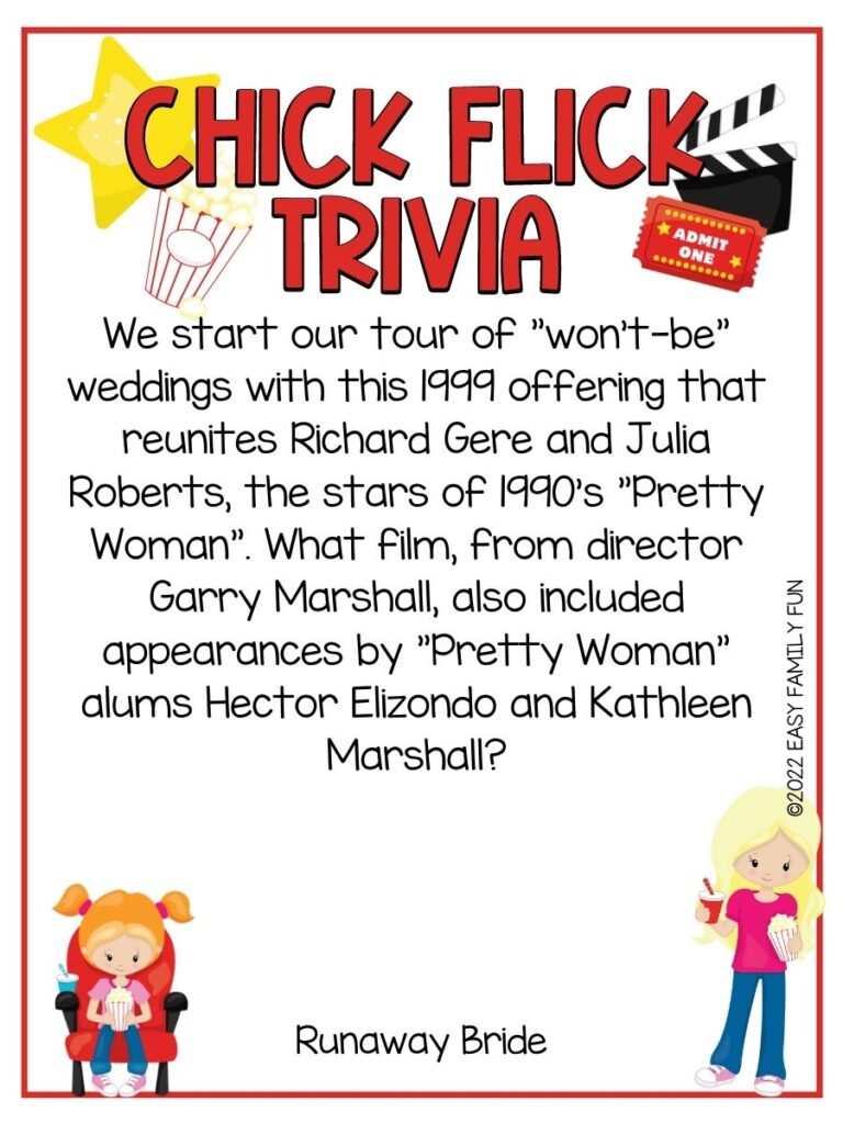 white card with red border, yellow star, black and white scene marker, red and white popcorn bowl, red and white ticket, girls sitting on red chair with bowl of popcorn and girl standing with cup of drink and bowl of popcorn; chick flick trivia questions
