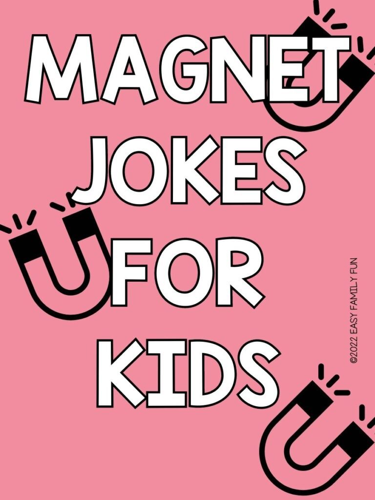 2 black magnets on pink background with white text that says "magnet jokes for kids"