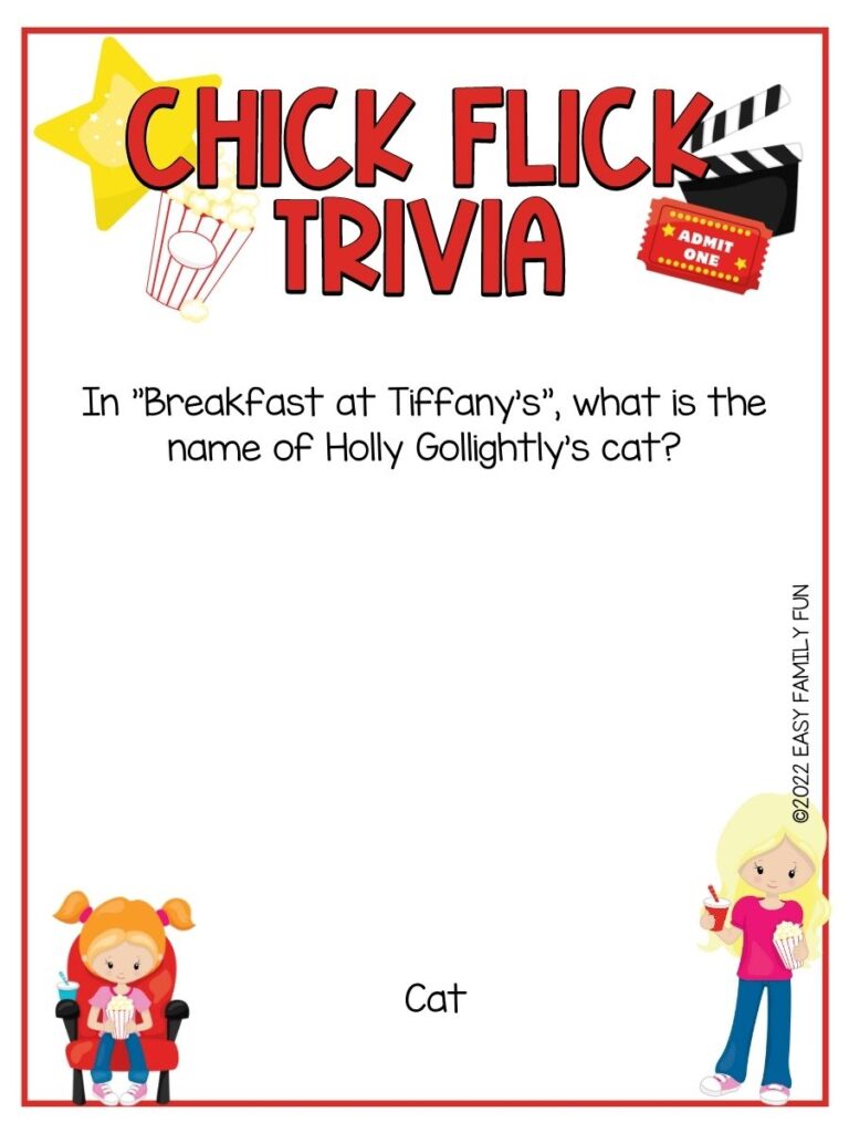 white card with red border, yellow star, black and white scene marker, red and white popcorn bowl, red and white ticket, girls sitting on red chair with bowl of popcorn and girl standing with cup of drink and bowl of popcorn; chick flick trivia questions