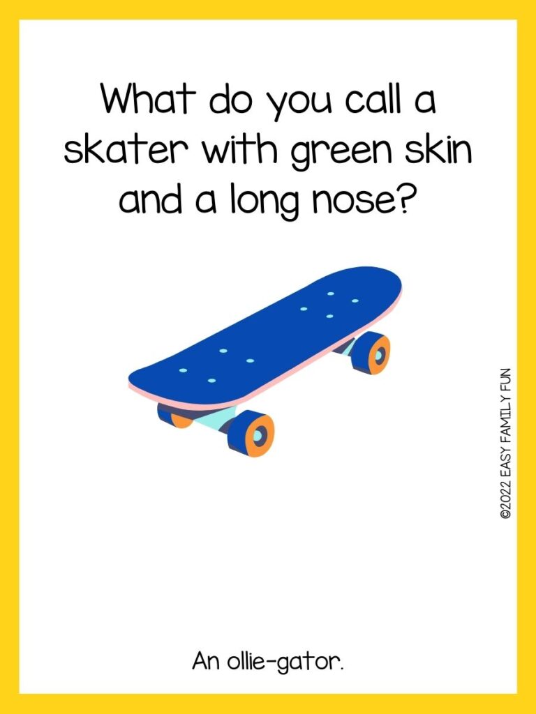 Blue skateboard with yellow border and skateboard joke.