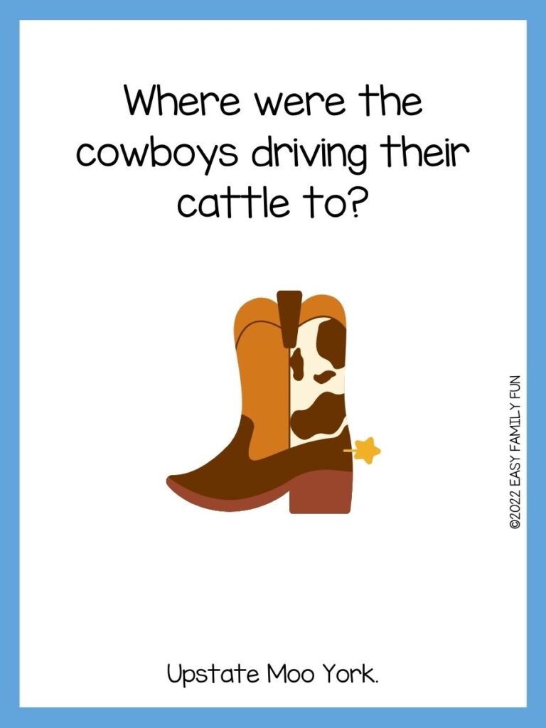 brown cowboy boots on white card with blue border with cowboy riddles.