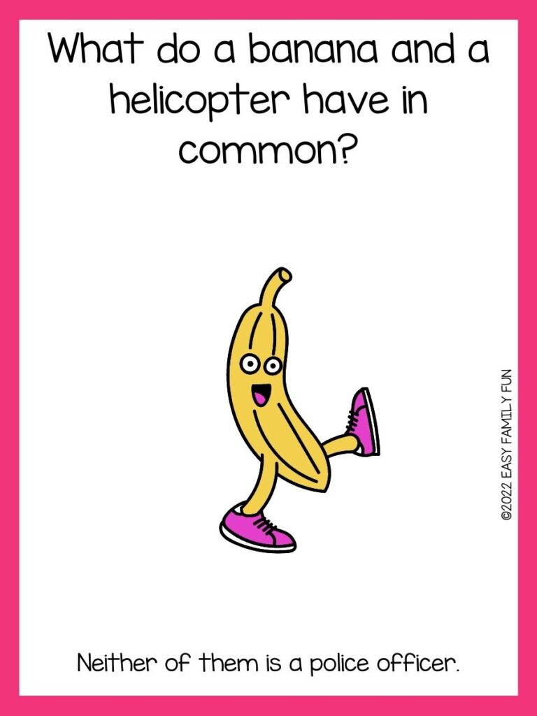yellow banana with happy face and pink shoes on white card with pink border with banana joke