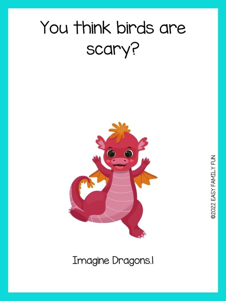 purple dragon with orange wings on white card with turquoise border with dragon jokes