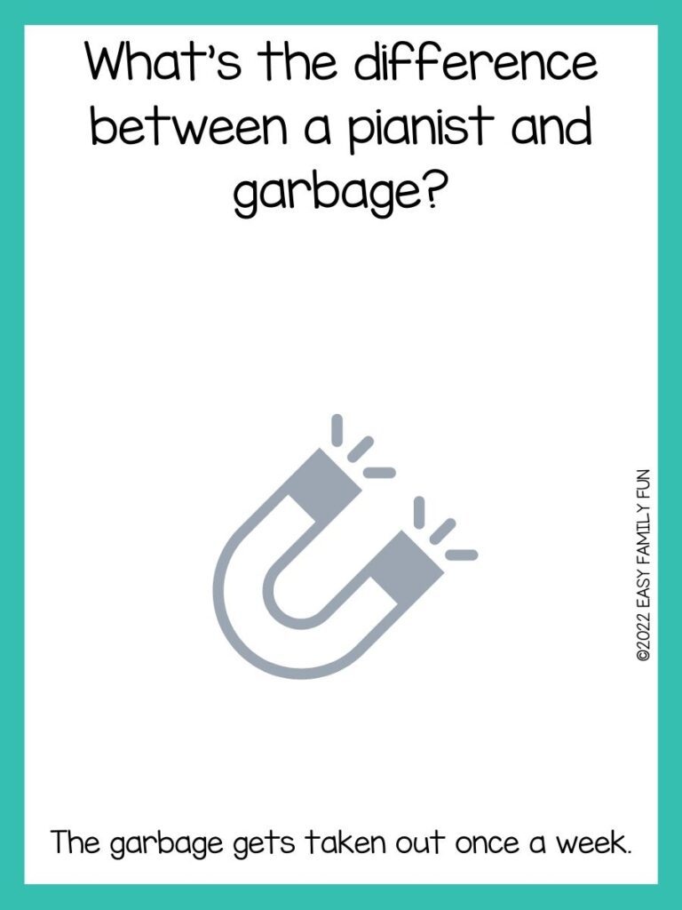 grey piano tuner on white card with turquoise border and piano jokes