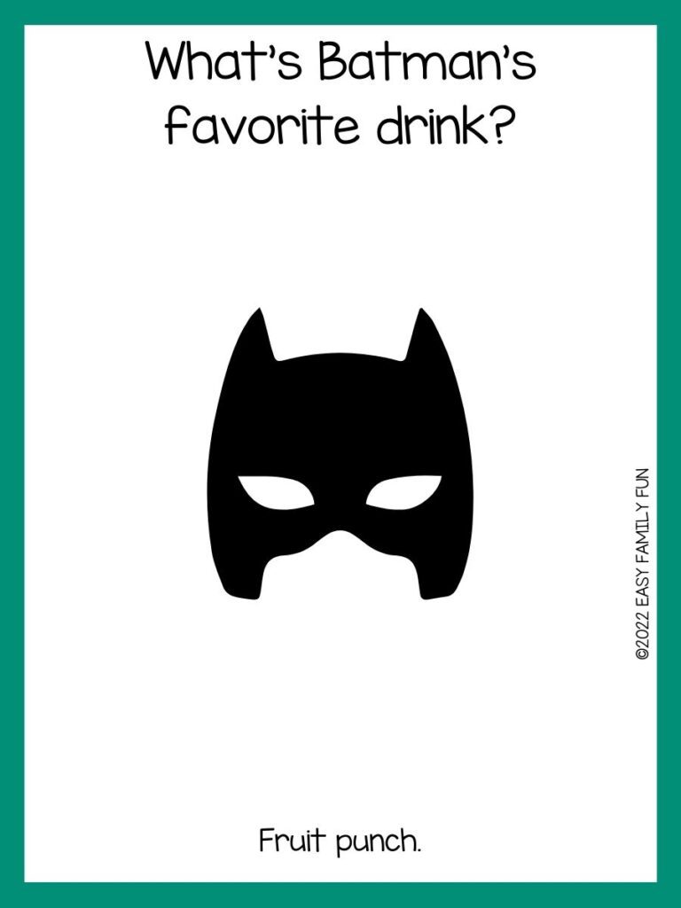 White card with green border with black batman mask. Batman jokes in black writing