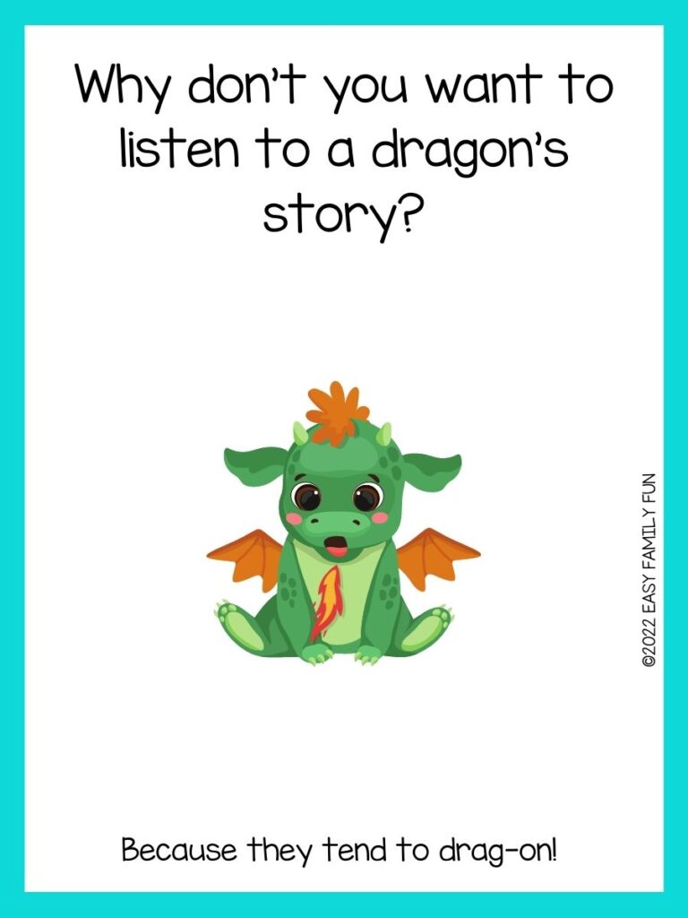 green dragon with orange wings on white card with turquoise border with dragon jokes