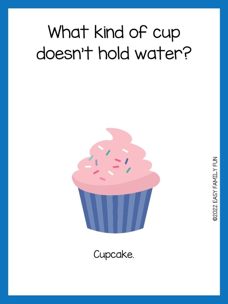 cupcake with pink frosting and purple cup on white card with blue border with cupcake joke