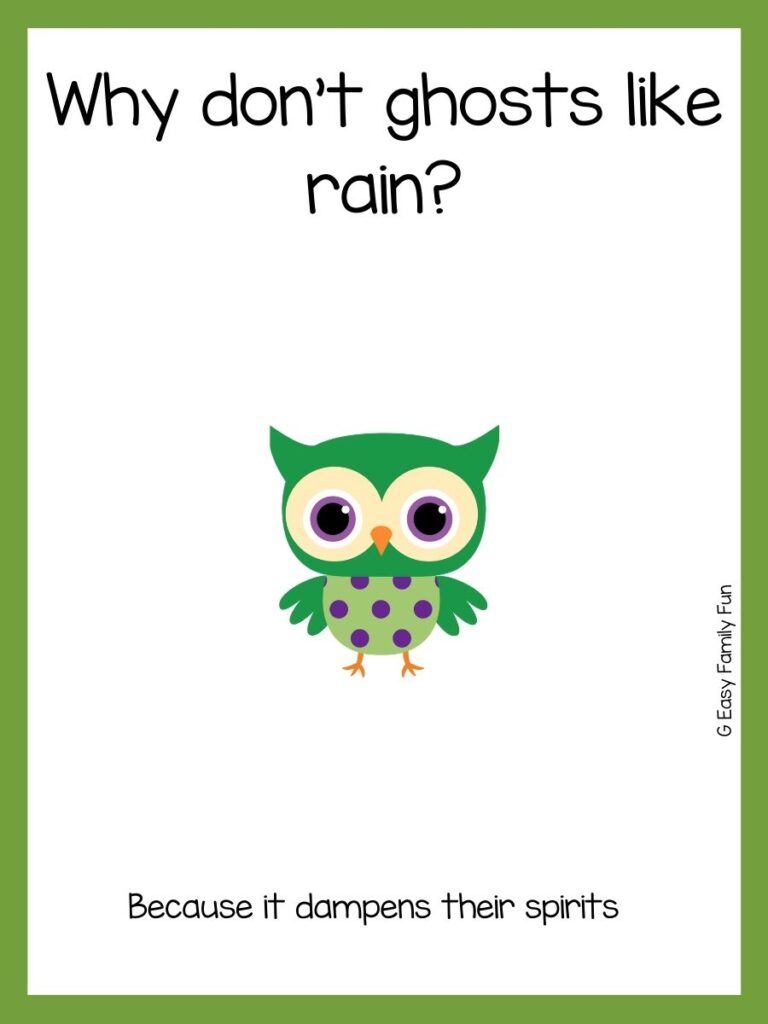 Green owl with purple polka dots on white card with green border with Halloween riddles