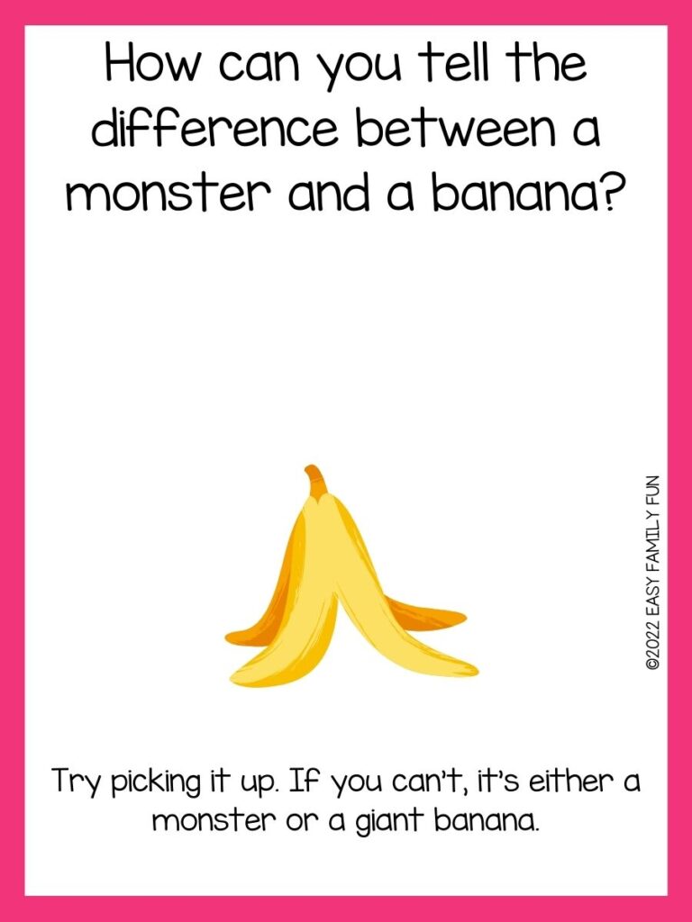 upside down yellow banana peel with on white card with pink border with banana joke