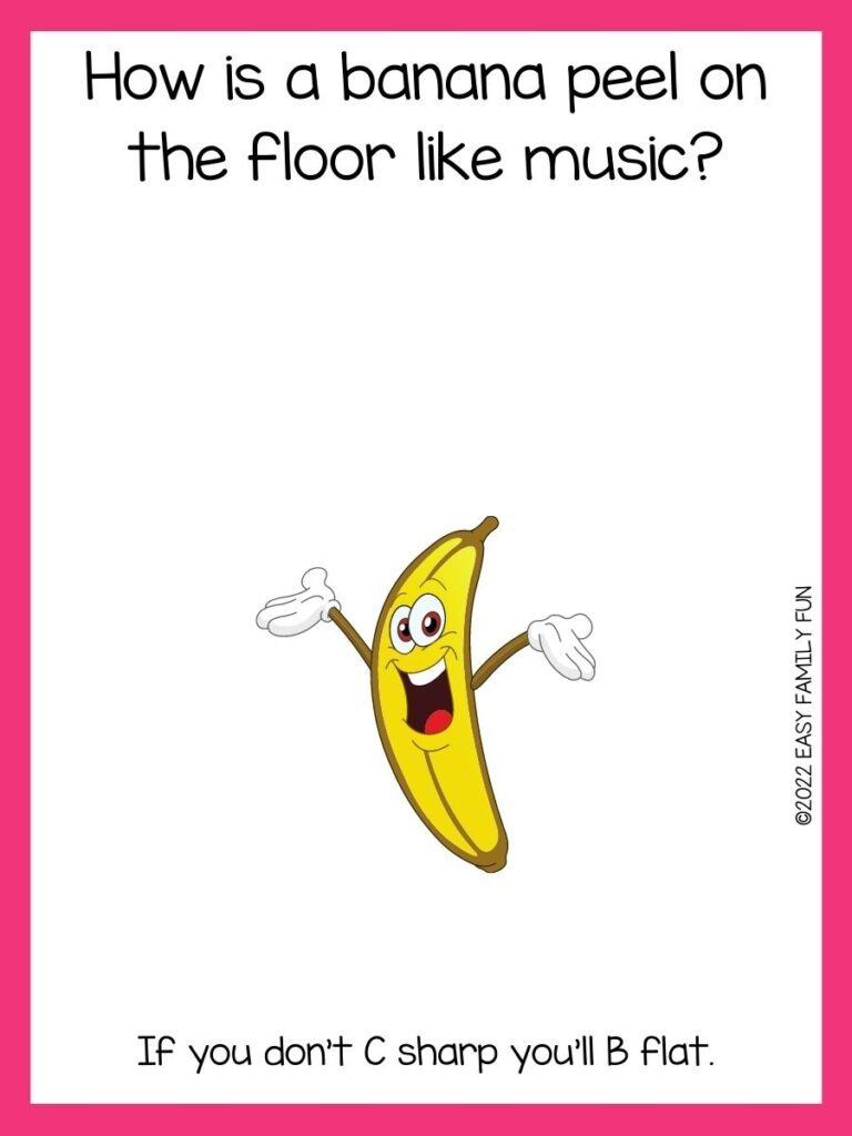 yellow banana with happy face on white card with pink border with banana joke