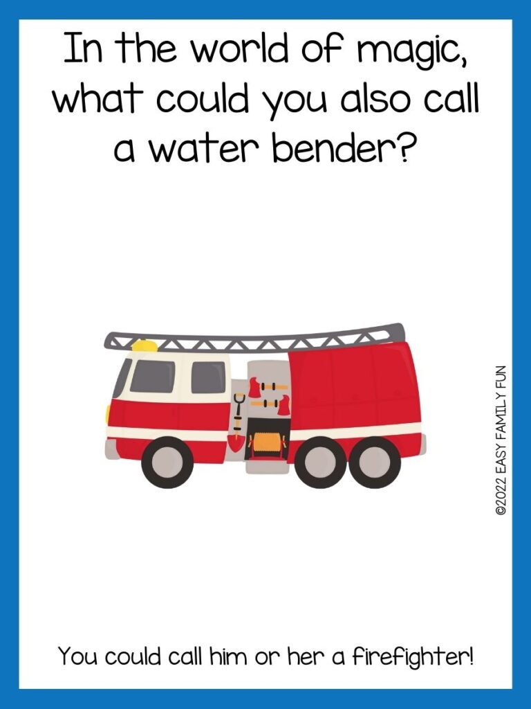 Red and grey fire truck with grey ladder on white background with blue border with firefighter jokes
