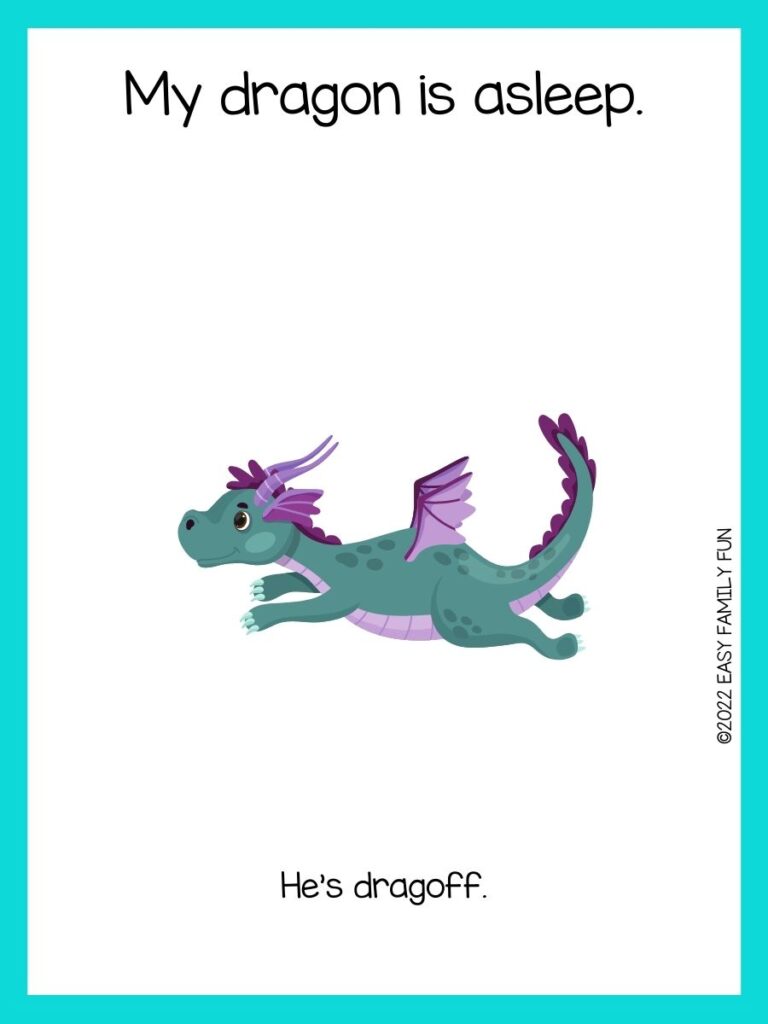 green dragon with purple wings on white card with turquoise border with dragon jokes