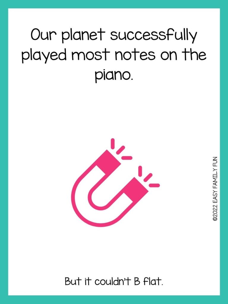 pink piano tuner on white card with turquoise border and piano jokes