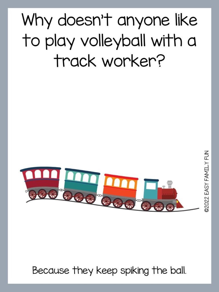 White card with grey border with colorful train and black letters saying train jokes