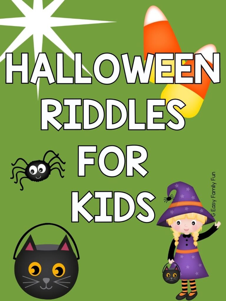 purple with spider, and candy corn with white text that says "Halloween riddles for kids" on orange background