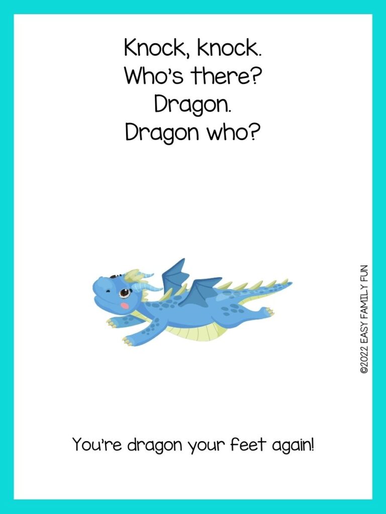 blue dragon with blue wings on white card with turquoise border with dragon jokes