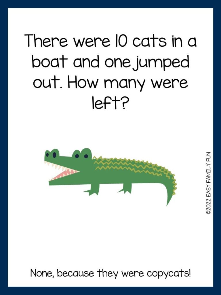 green alligator on white card with blue border with zoo joke