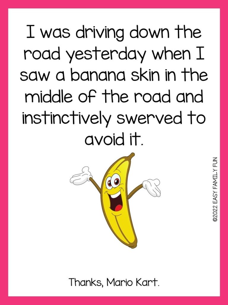 yellow banana with happy face with white gloves on white card with pink border with banana joke