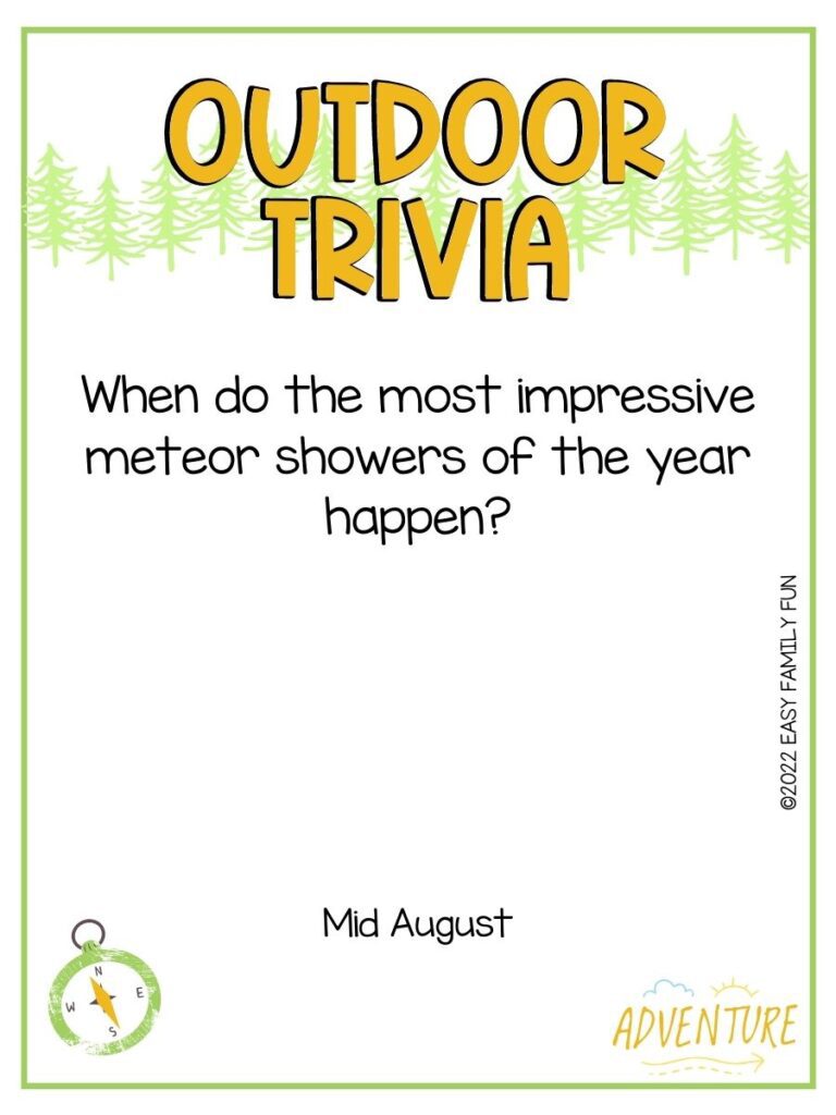 Yellow letters say Outdoor Trivia on white background with green trees. Outdoor trivia questions