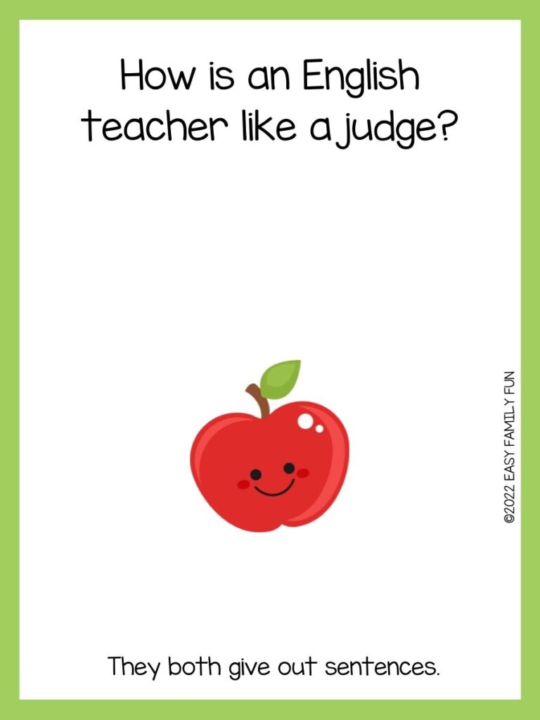 Red apple on white card with green border with teacher jokes