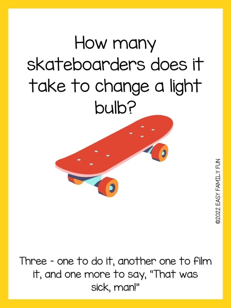 Red skateboard with yellow border and skateboard joke.